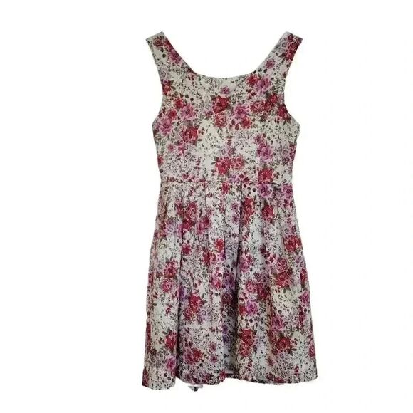 Forever 21 Women's White, Red & Pink Cotton Floral Sleeveless A-Line Lined Dress - Picture 6 of 11